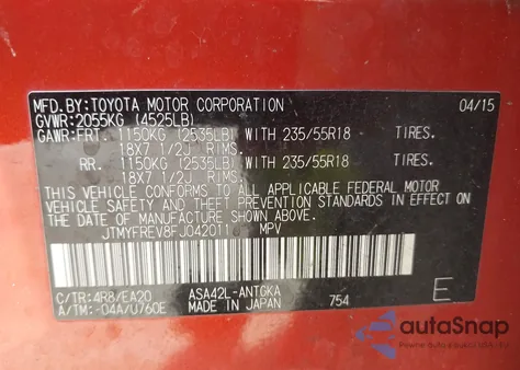 2015 Toyota Rav4 Limited from USA, damaged, VIN JTMYFREV8FJ042011